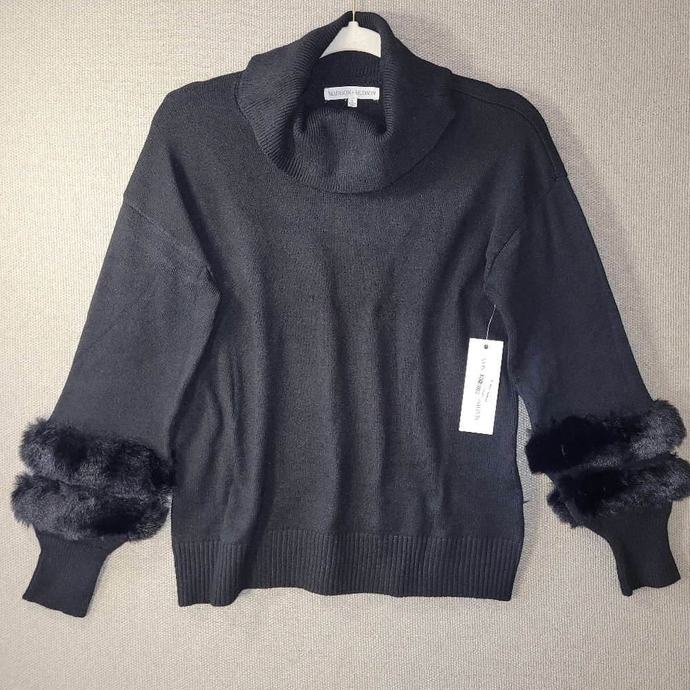 Madison + Hudson Size Large Cowl Neck Sweater with Faux Fur Cuffs NWT